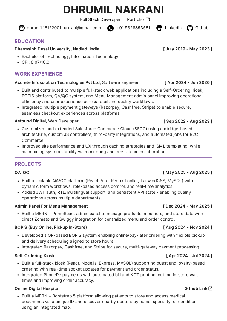 Preview of Dhrumil Nakrani's resume - first page
